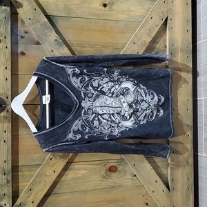 Vocal Charcoal VNeck Bling Long Sleeve Shirt Fleur De Lis Cowboy Boot Gun Pistol